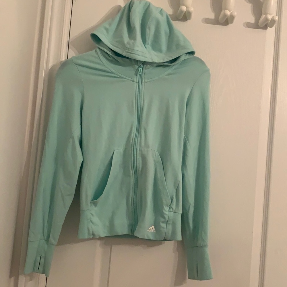 Adidas teal zip up athletic hoodie. US size medium/11-12.